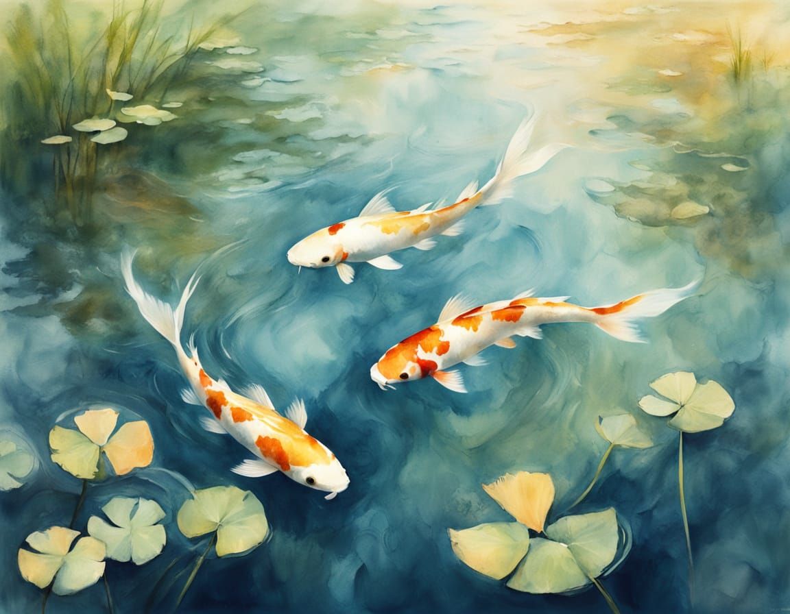 Serene Japanese Pond Scene with Koi Carp in Watercolor Style