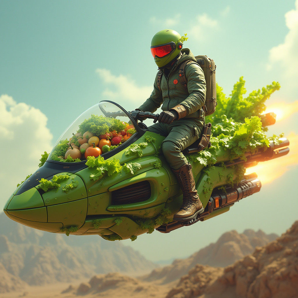 Cyberpunk Vegan Rides Salad Jet Vehicle