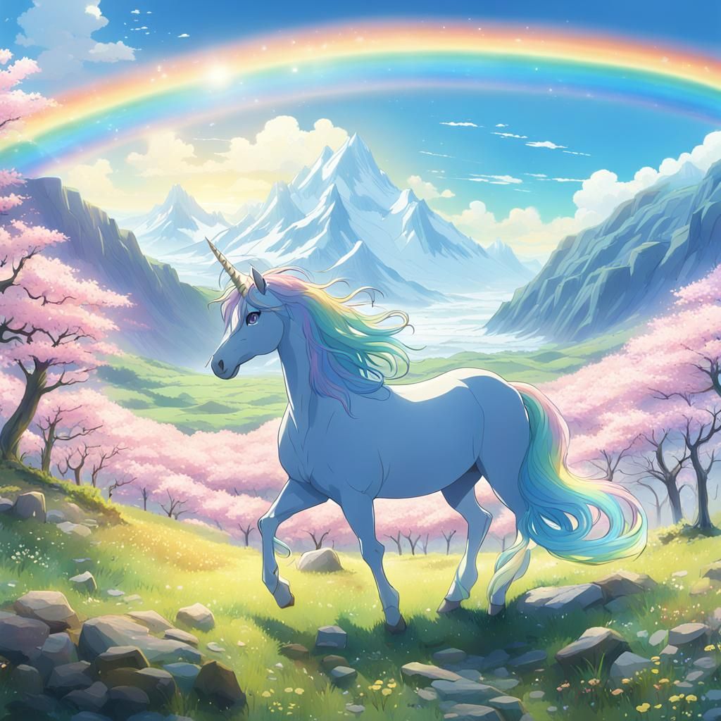 Rainbow Unicorn in Glacier Valley: Ghibli Anime Style