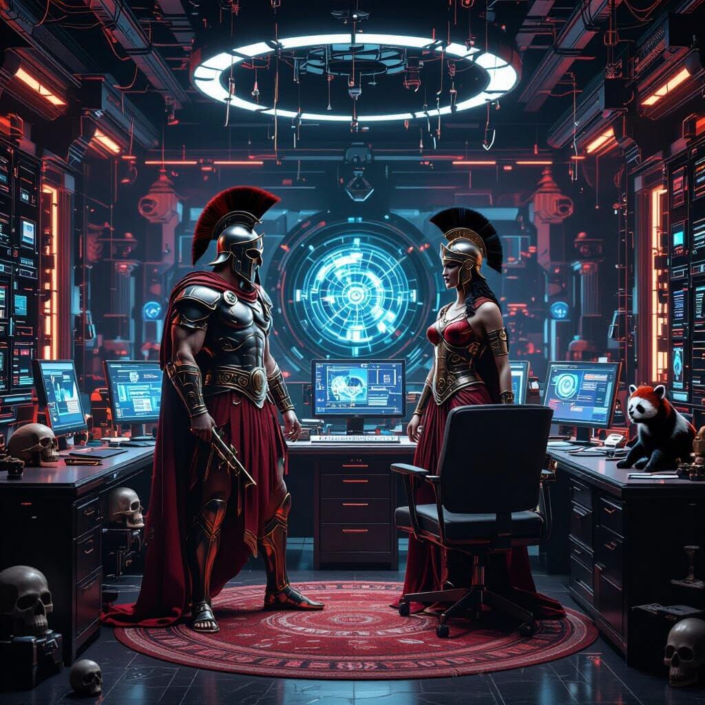 Ares & Athena as Tech CEOs in Underground Data Center