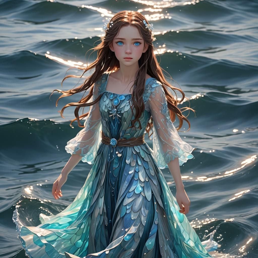 Anime Girl Walks on Water in 3D Rendered Art