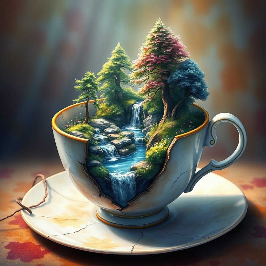 Miniature Forest Waterfall in Teacup, Hyperrealistic Waterco...