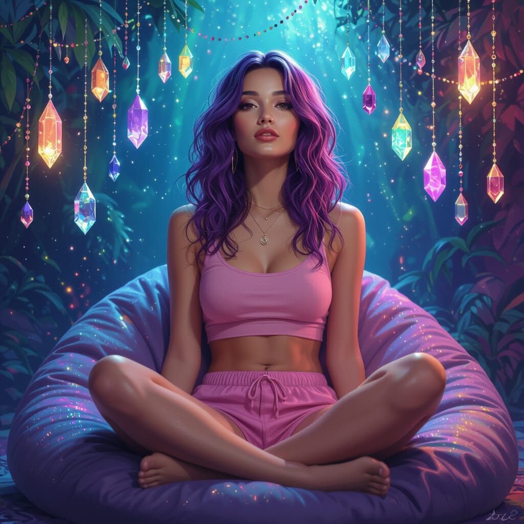Woman with Purple Hair in a Room with Crystals
