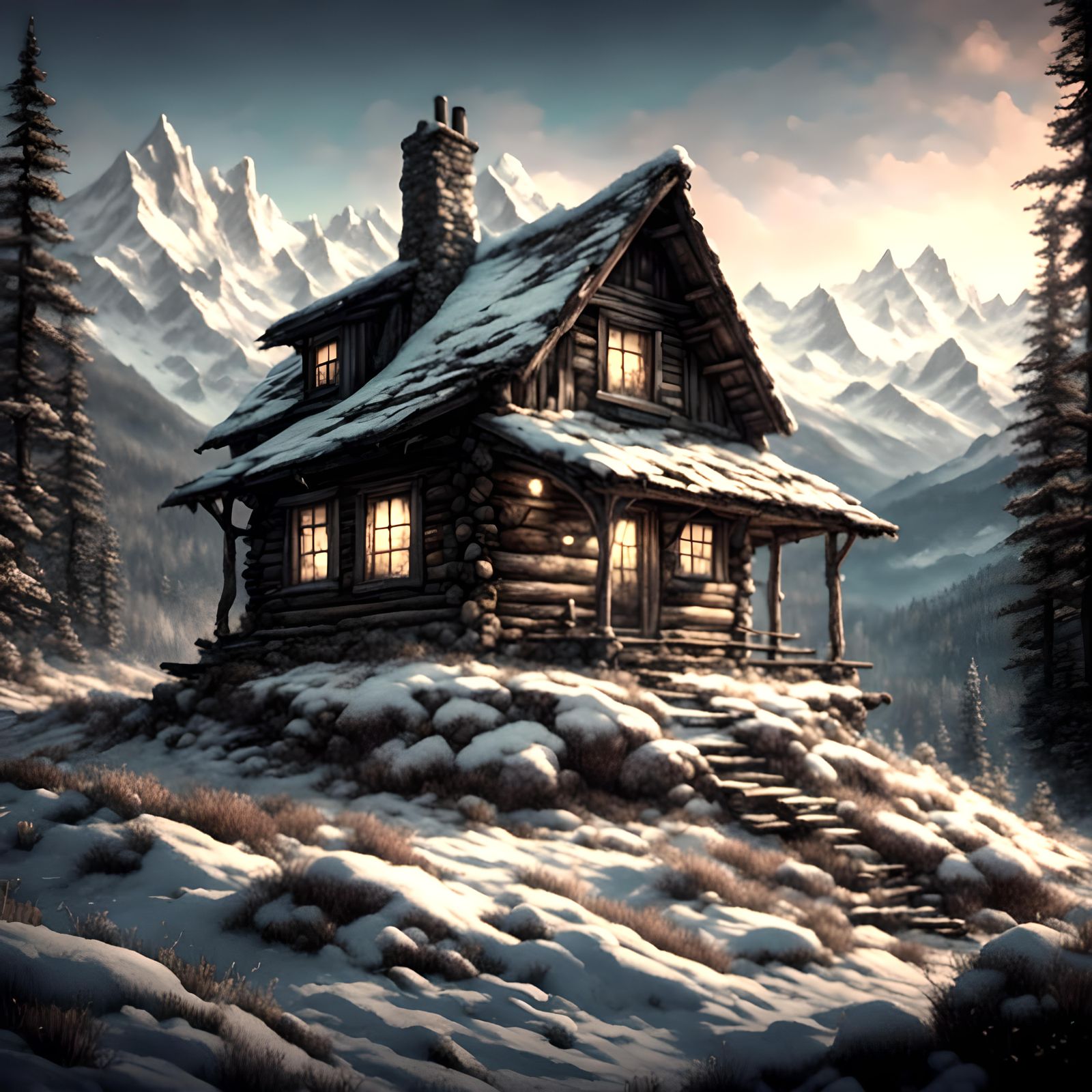 Dilapidated Log Cabin in Wintry Landscape
