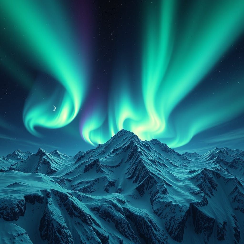 Cosmic Aurora: Vibrant Green and Blue Swirls Dance Above Sno...