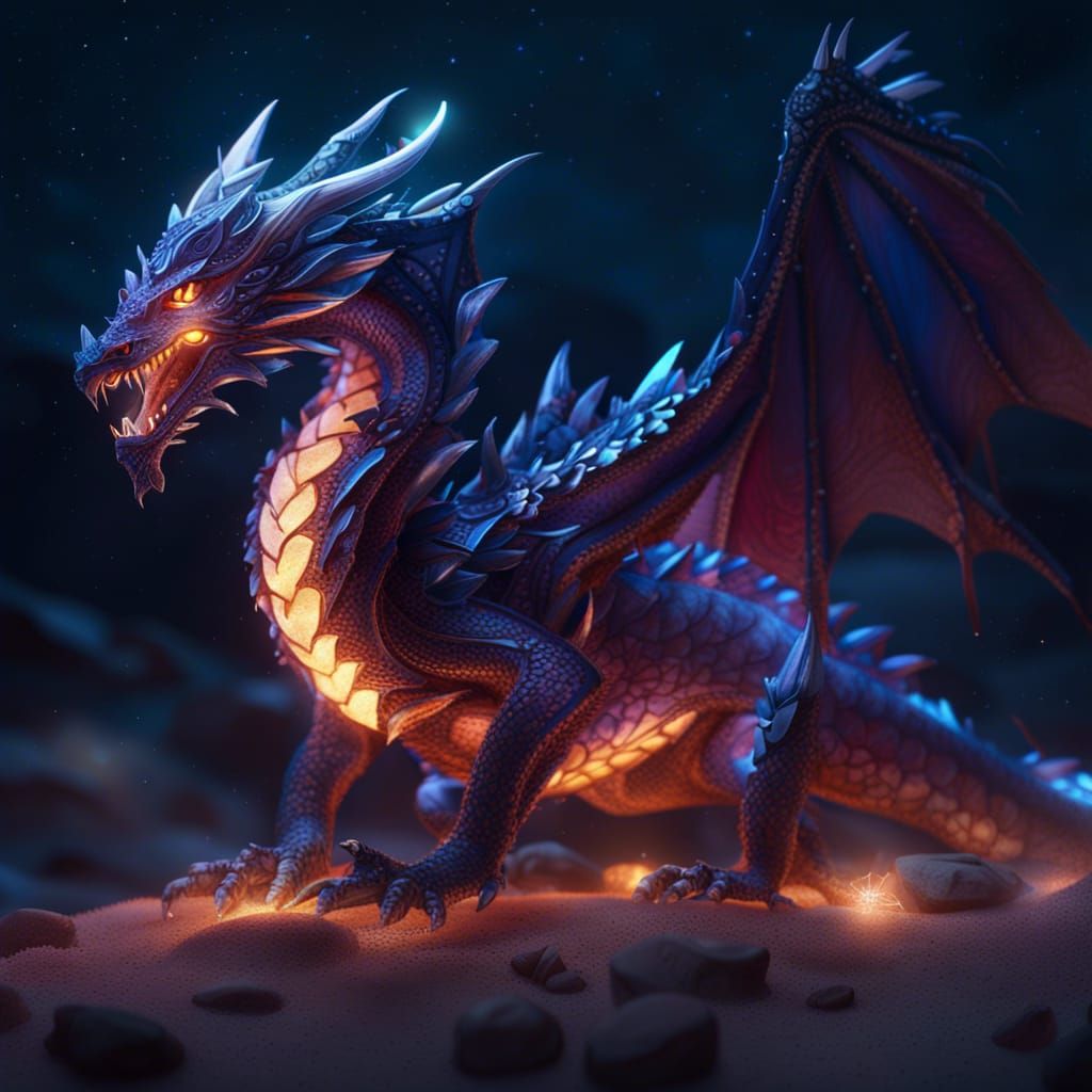 Crystal Dragon Illuminates Starry Desert: Fantasy Art