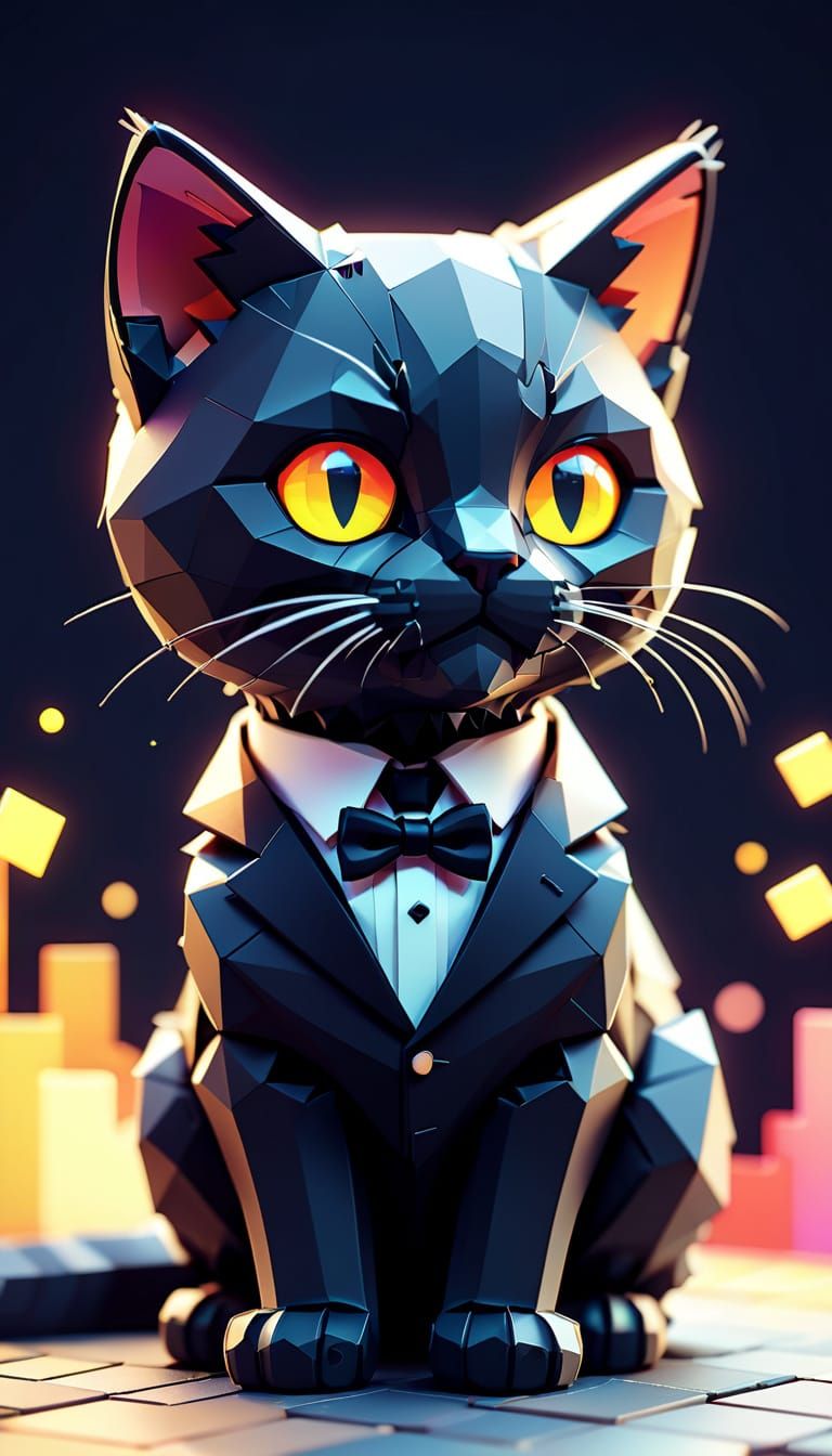 Chibi Tuxedo Cat in Blocky Low-Poly Pixel Art