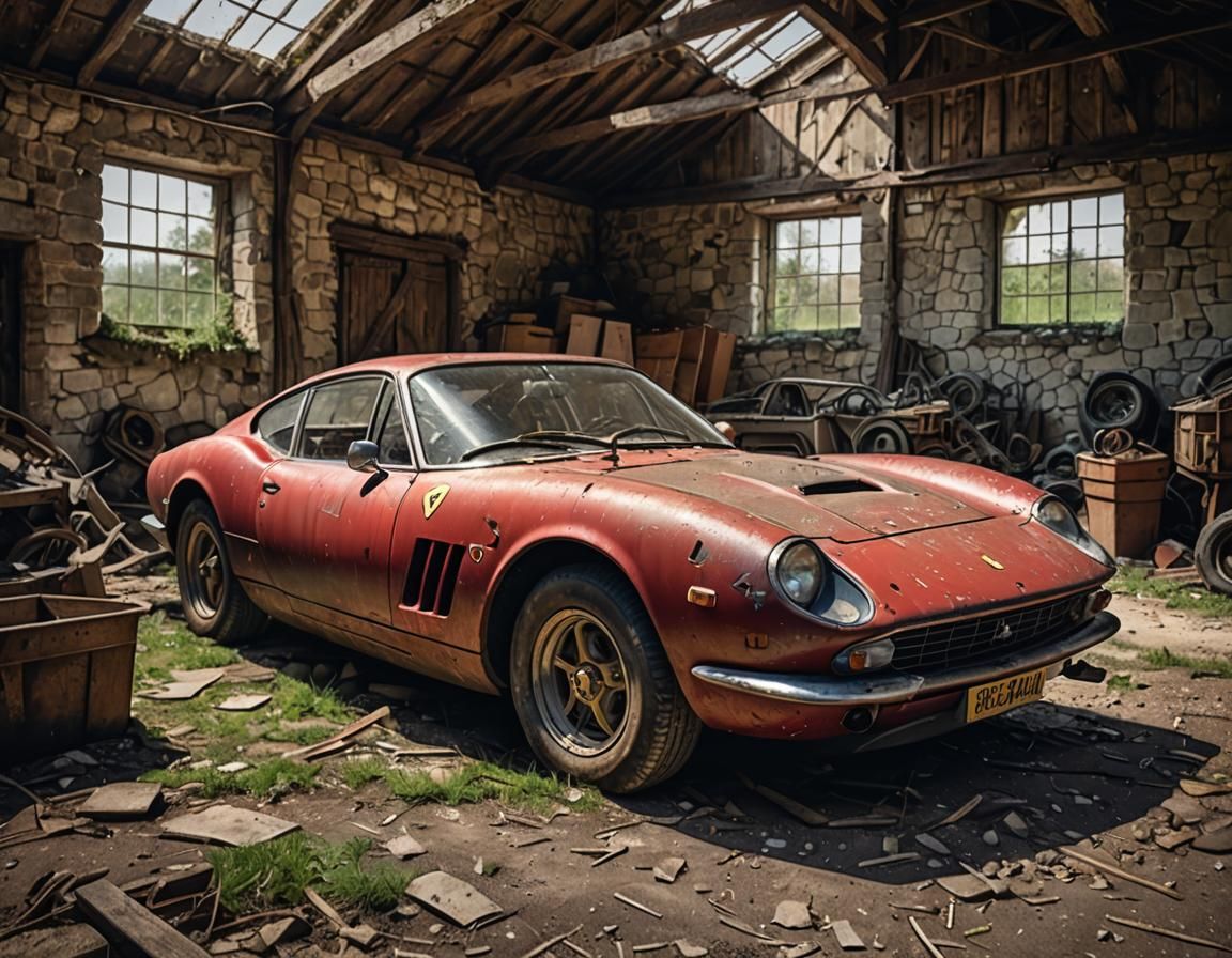 Vintage Ferrari Barn Find: Hyperrealistic Cinematic Still