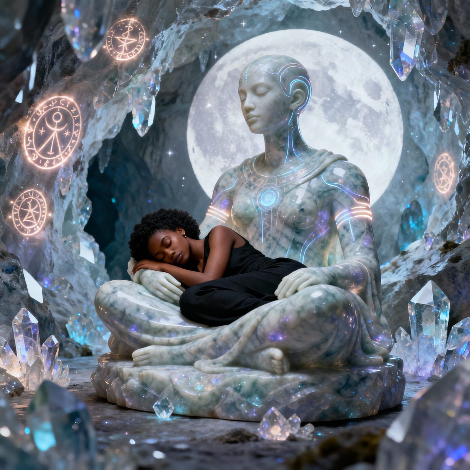Afrofuturistic Deity Statue Holds Sleeping Woman in Crystal ...
