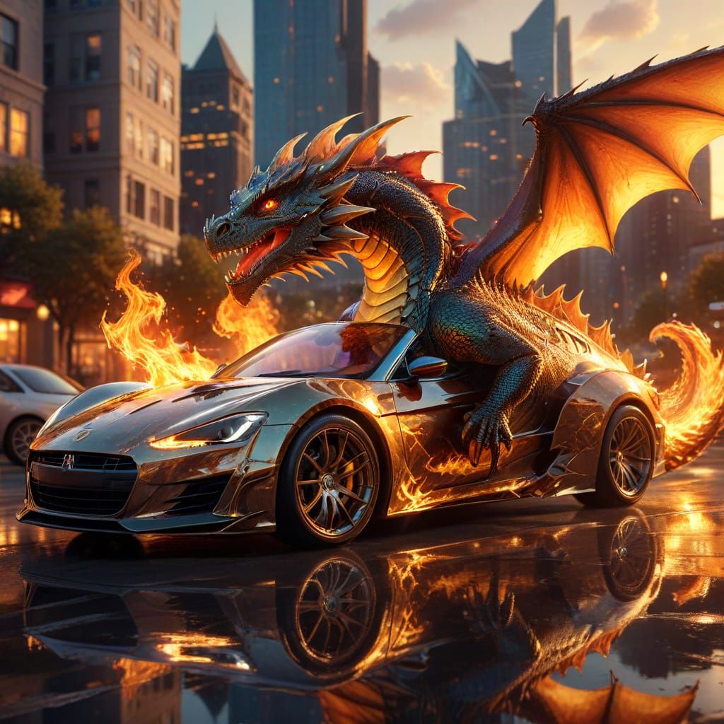 Dragon on Car: Vibrant Digital Concept Art
