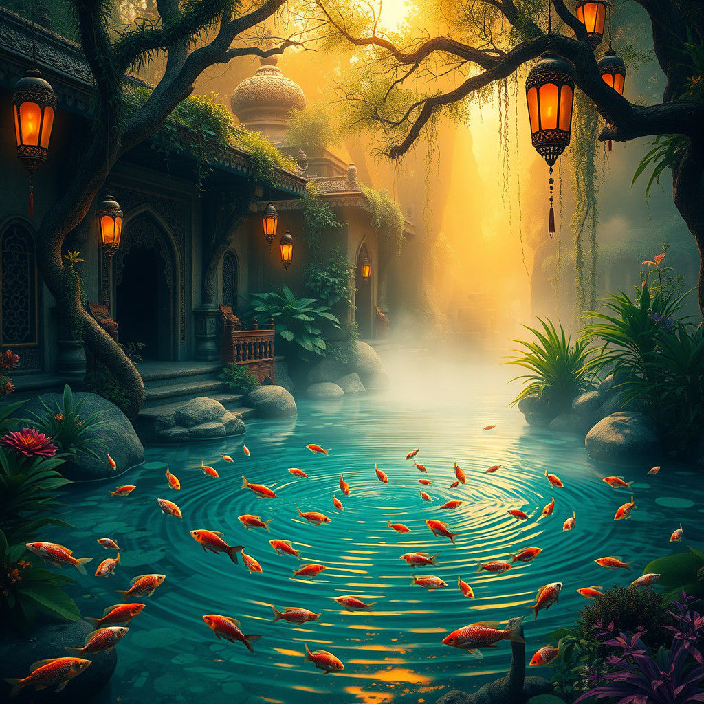 Mystical Indian Forest Garden with Pond and Fish