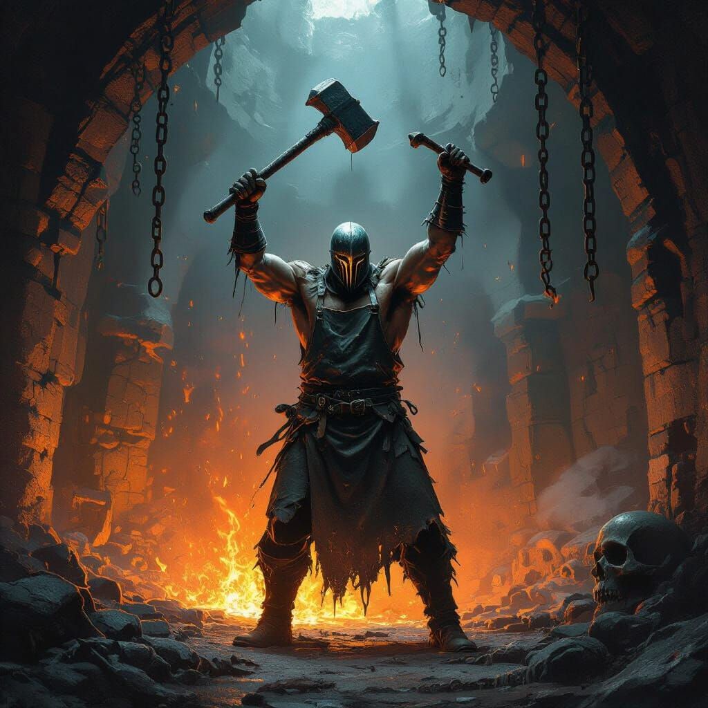 Spectral Blacksmith in Crumbling Forge, Dark Fantasy Art