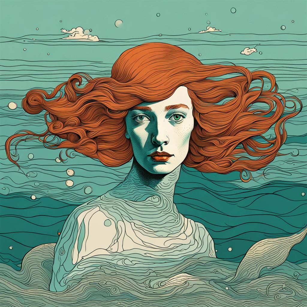 Metallic Mermaid Line Art in Surrealist Style