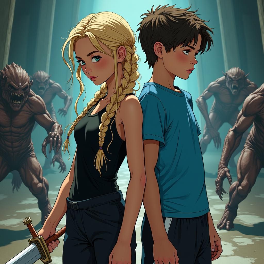 Teen Heroes Battle Monsters in Dark Fantasy Style