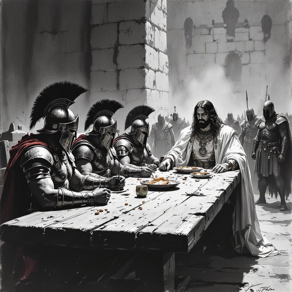 Spartan Warriors Feast with King in Charcoal Style