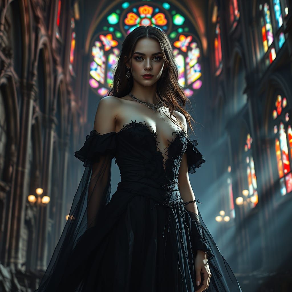 Mysterious Woman in Tattered Gown, Shrouded in Decaying Cath...