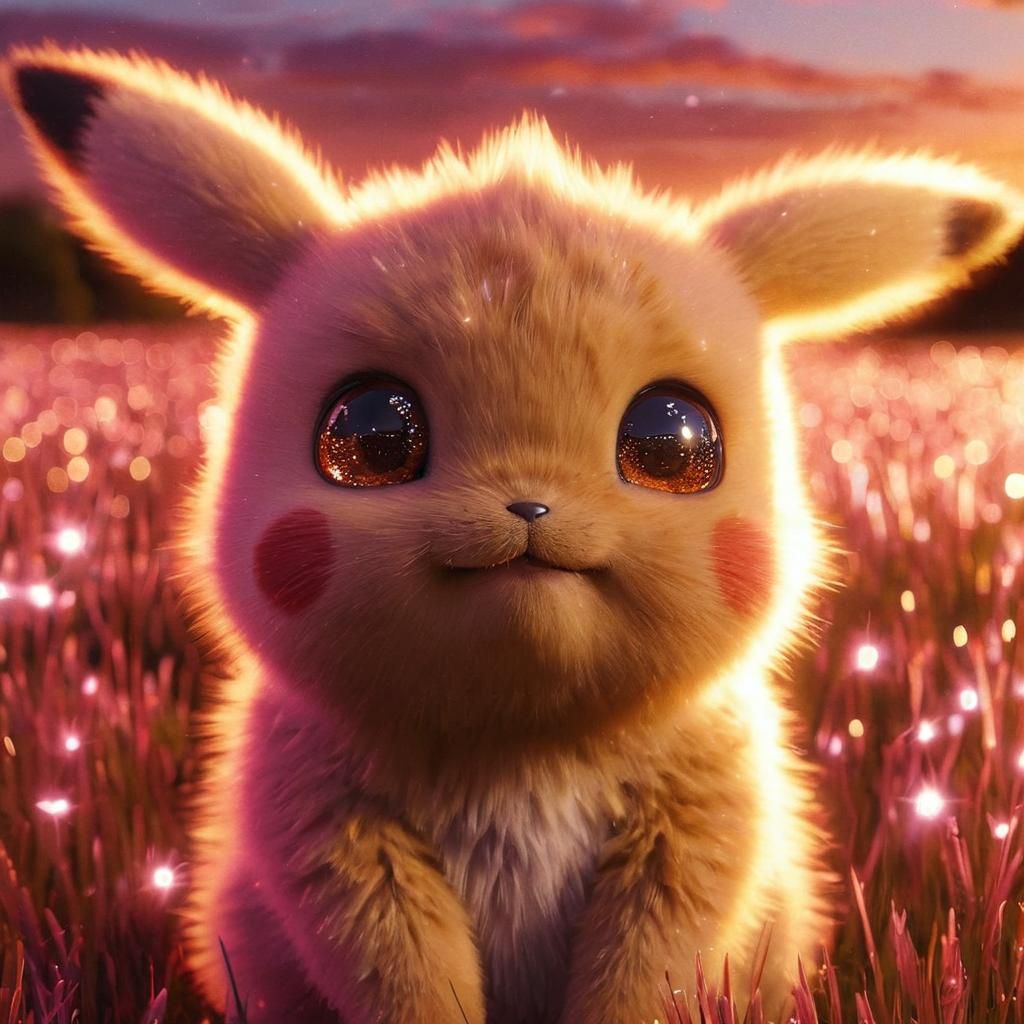 Hyper-Realistic Adorable Baby Pikachu in Sunset Field
