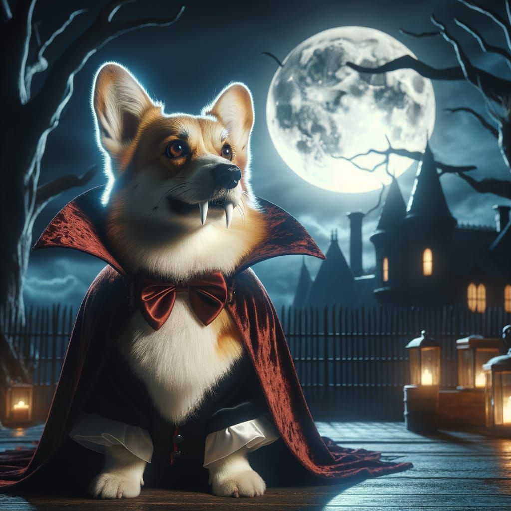 Vampire Corgi Under Full Moon