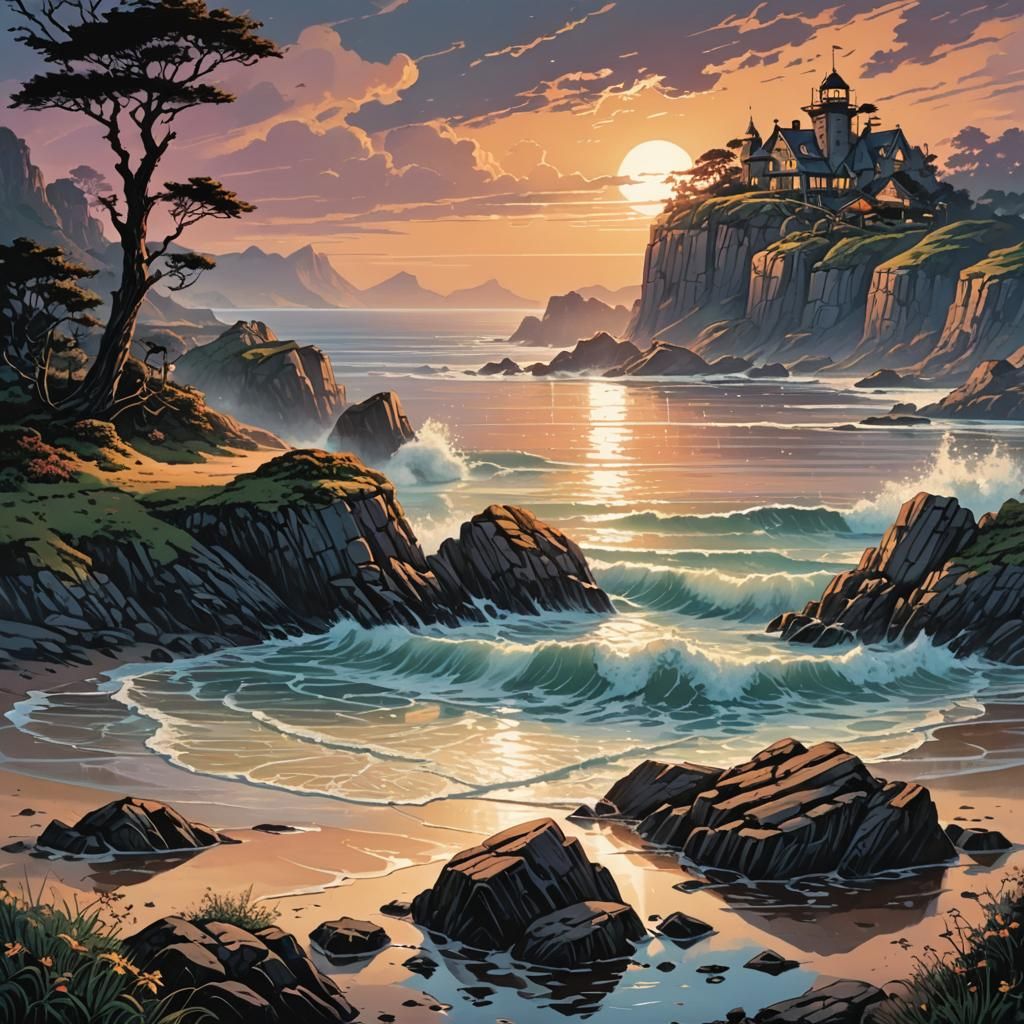 Charming Coastal Dawn Landscape in Comic Book Style