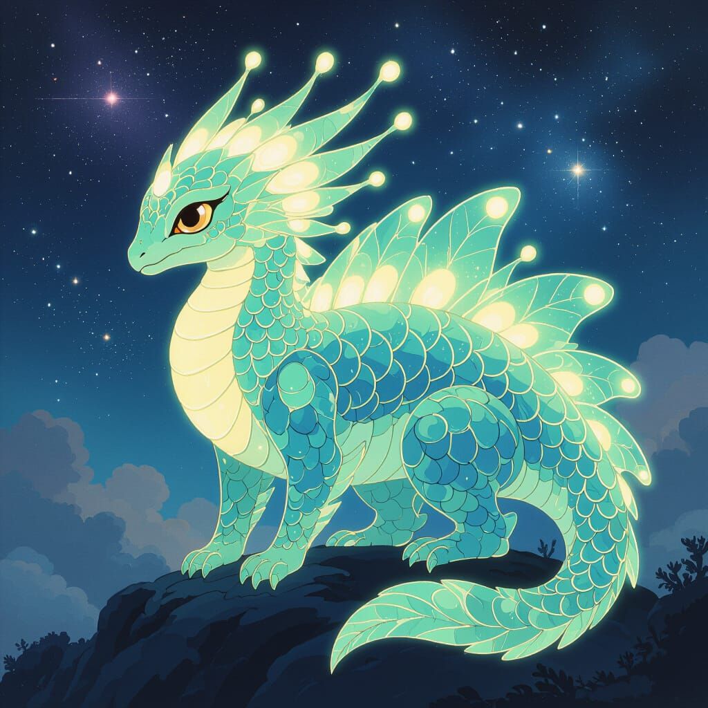 Fantastical Creature in Cosmic Nebula, Whimsical Illustratio...