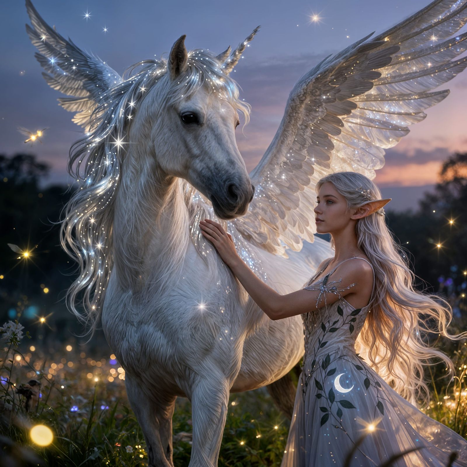 Majestic Pegasus and Elf Maiden in Twilight Meadow