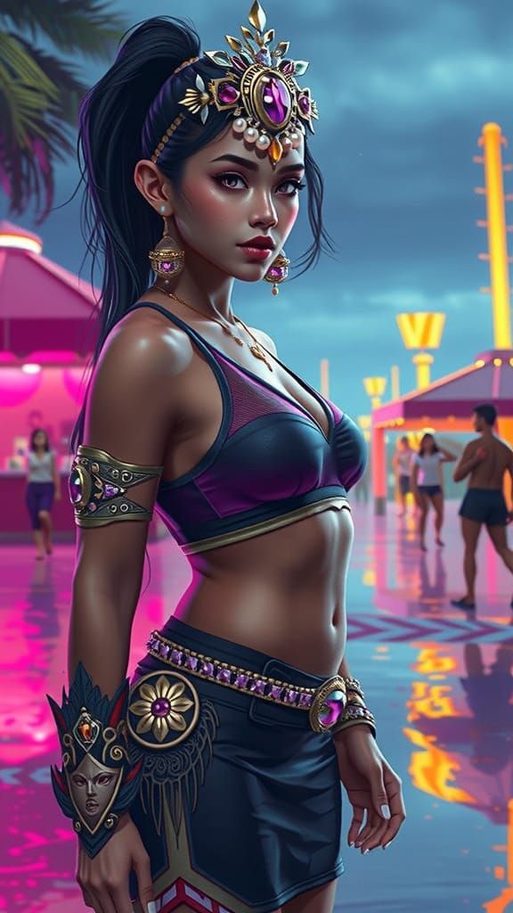 Cyberpunk Filipina Warrior on Neon Beach, Anime Style