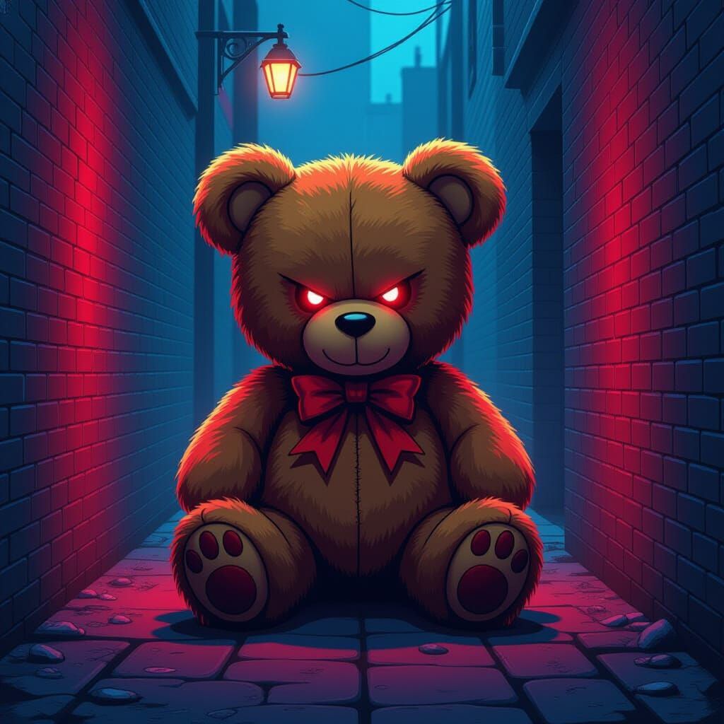 Evil Teddy Bear in Dark Alley Anime Style