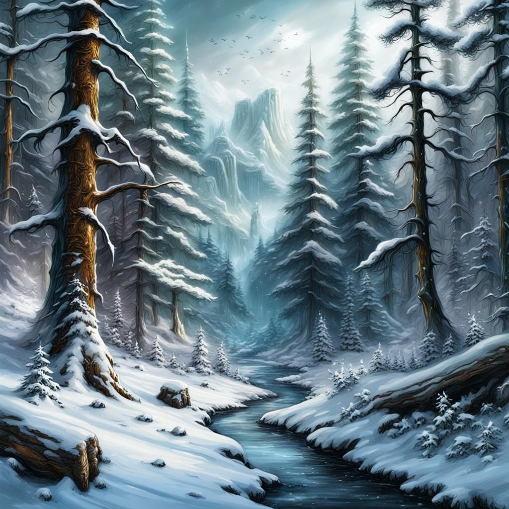 Snow Ermine in Winter Forest: Fantasy Art