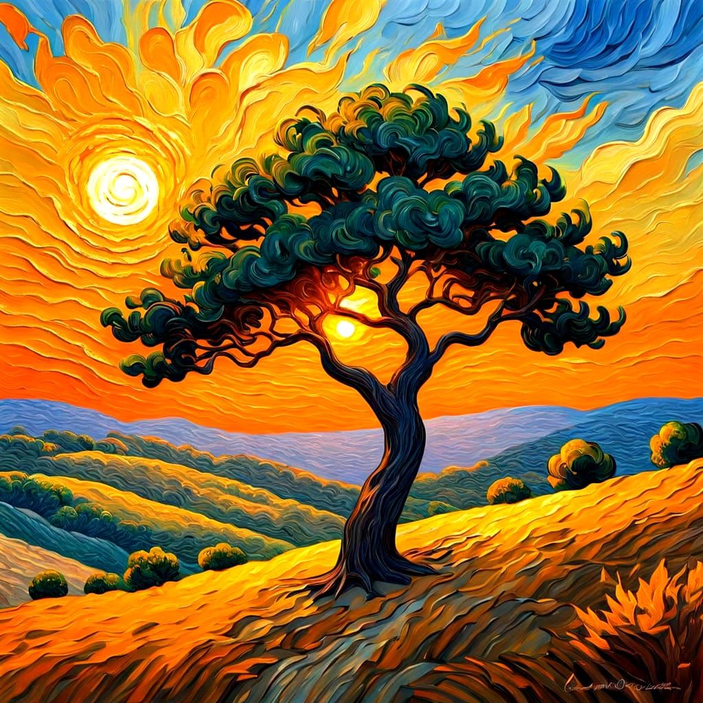Impasto Sunset Landscape with Solitary Tree
