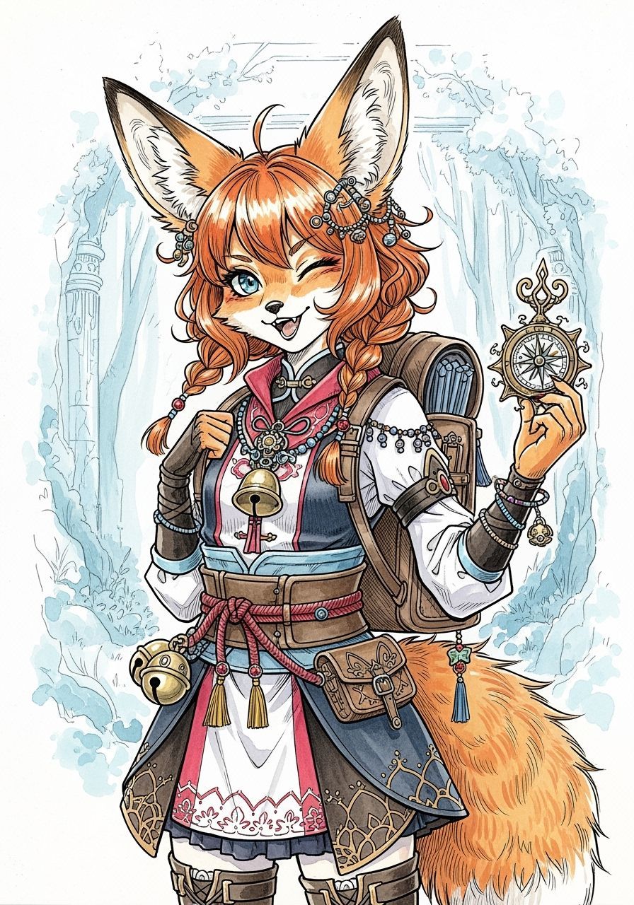 Fox-Girl Adventurer in Anime-Inspired Ink and Watercolor