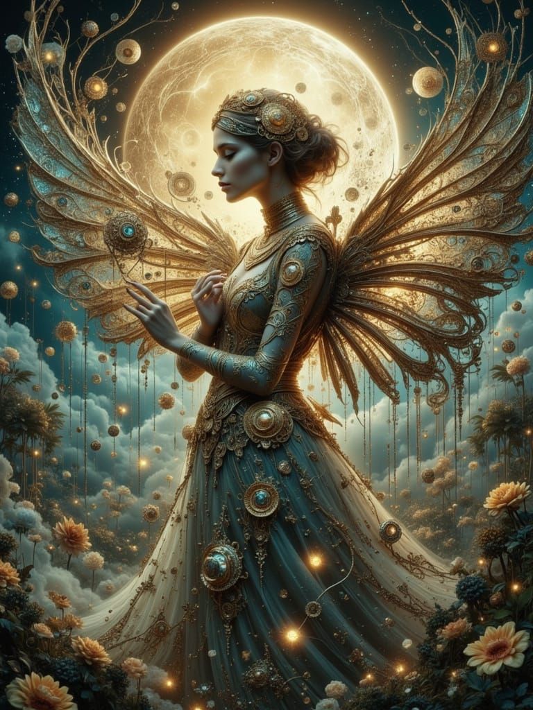 Clockwork Angel Dances in Moonlit Neo-Baroque Garden