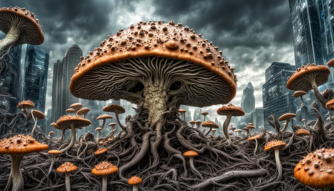 Hyperrealistic Fungi City Apocalypse Fantasy
