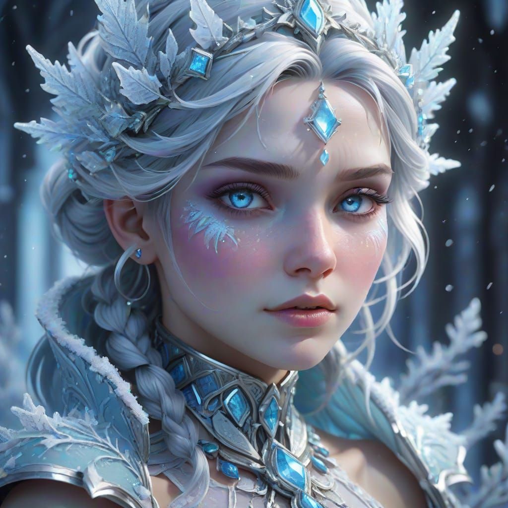 Ethereal Frost Queen Portrait in Icy Blue and Purple Hues