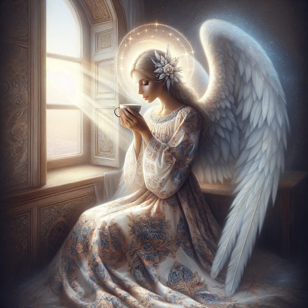 Angel Mother Radiates Serenity in Morning Coffee Moment