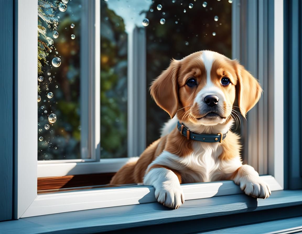 Cute Puppy at Window: Detailed Matte Painting