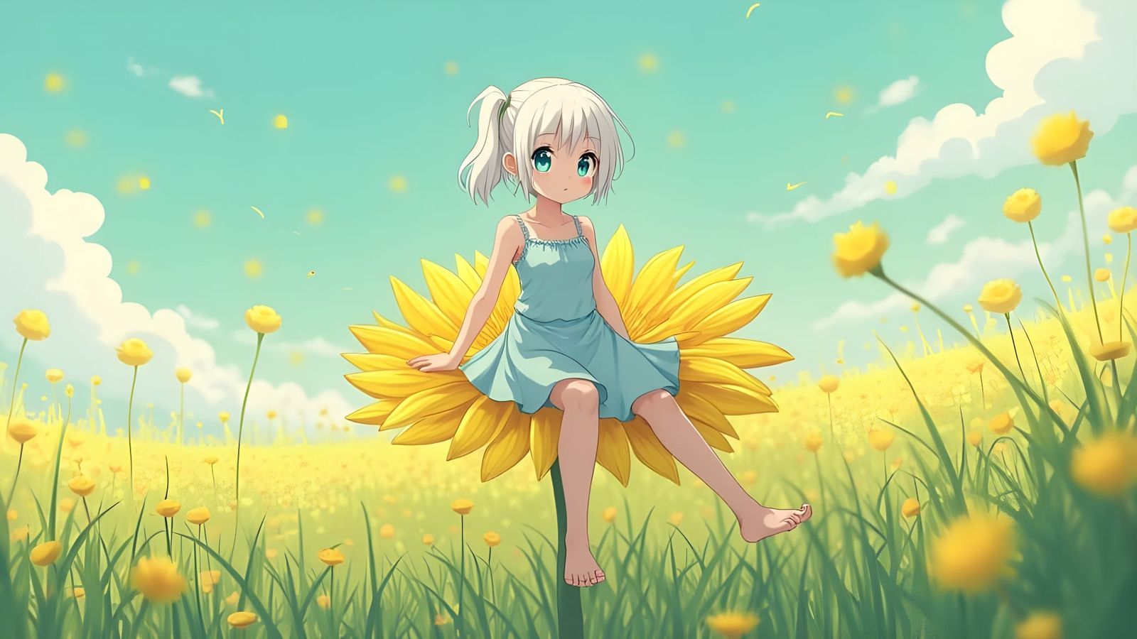 A Curious Girl Sits on a Giant Dandelion in Realistic Anime ...