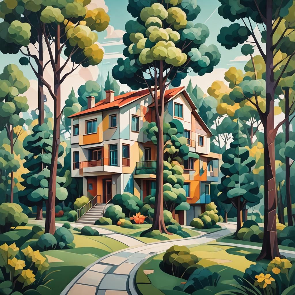 Cubist House with Trees and Roads