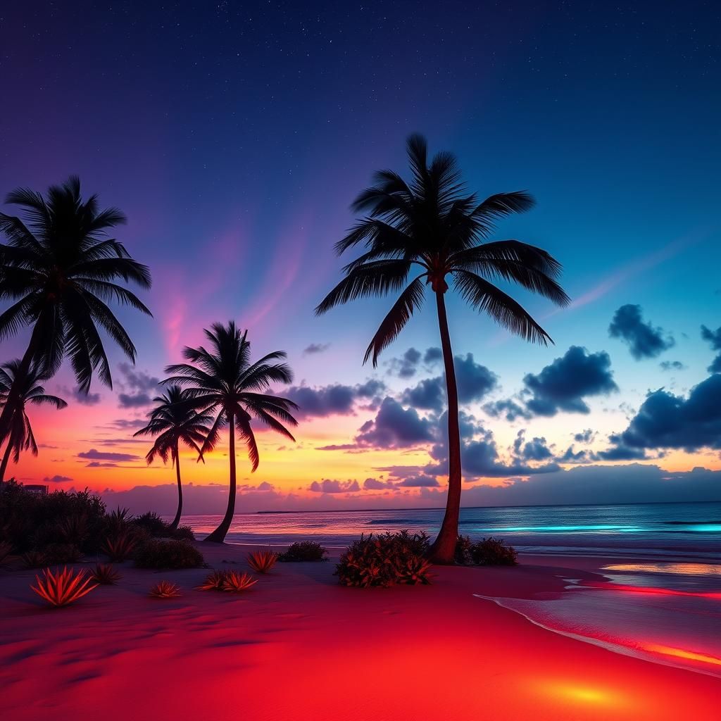 Alien Beach Sunset with Bioluminescent Sea