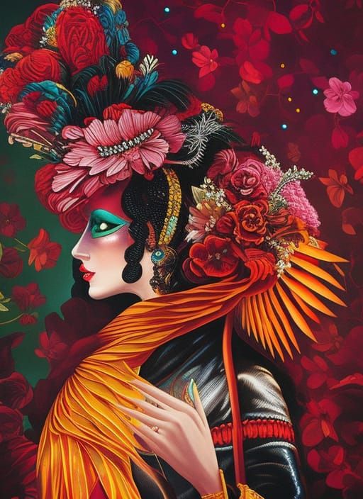 Masked Woman Portrait with Harlequin Mask in Cyberpunk Style