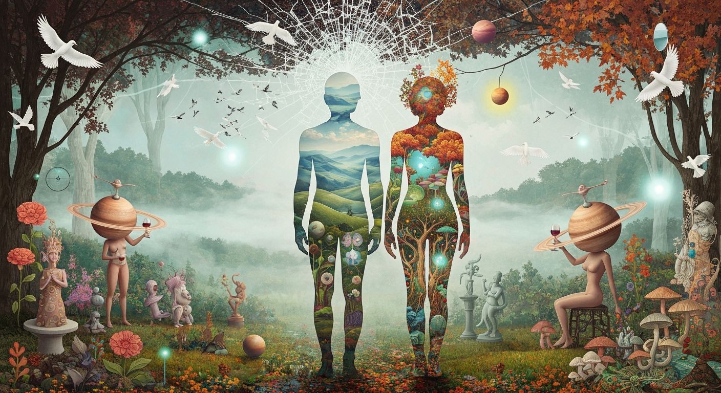 Surreal Landscape with Birds and Glowing Mist