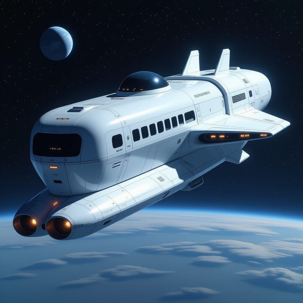 Sleek White Spaceship with Ball Bridge in Deep Space