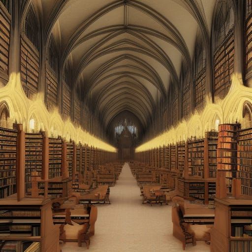 Gothic Library with Readers in Detailed 8k