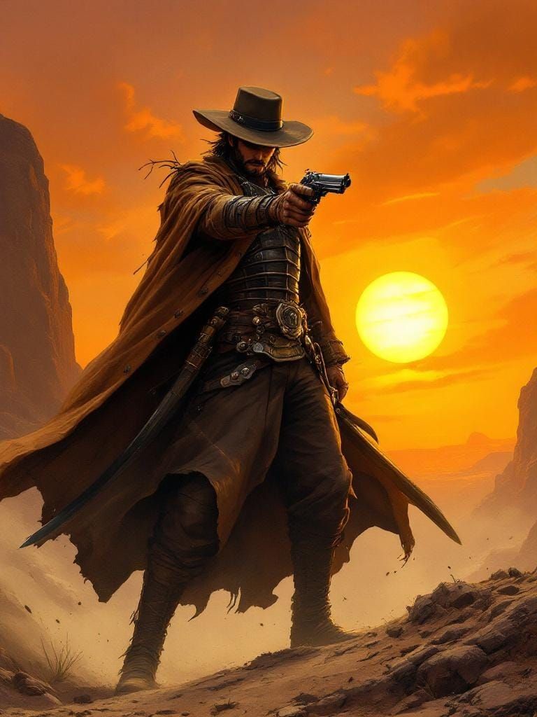 Western Samurai Hero in Sunset Landscape, Syd Mead Style