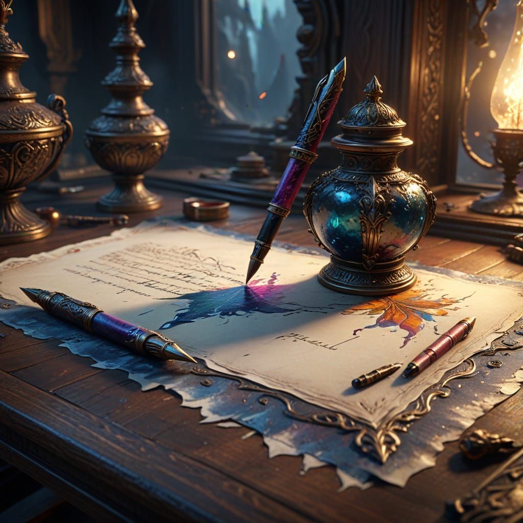 Fantasy Concept Art Fountain Pen on Parchment