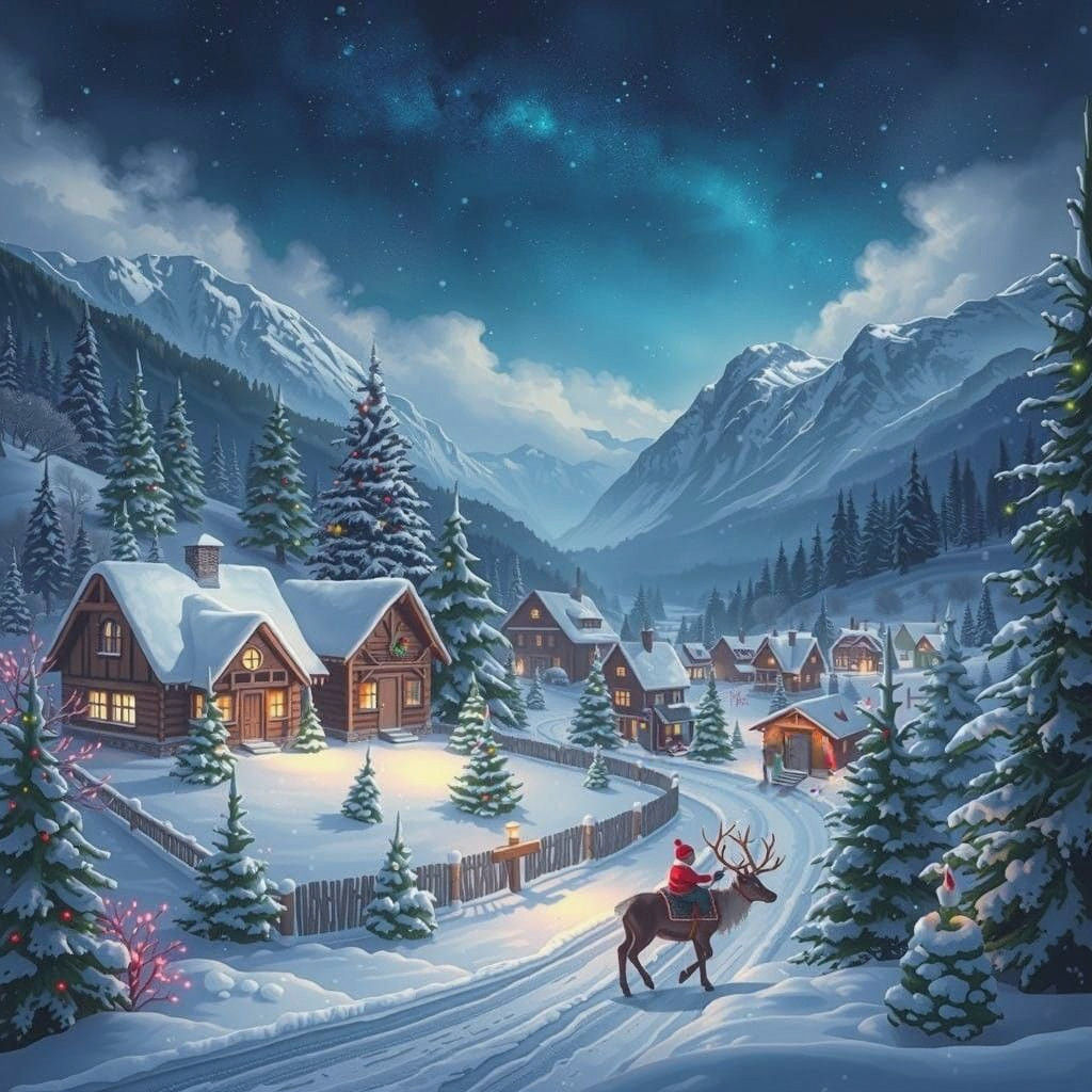 Charming Nordic Village Under Starry Night Sky with Colorful...