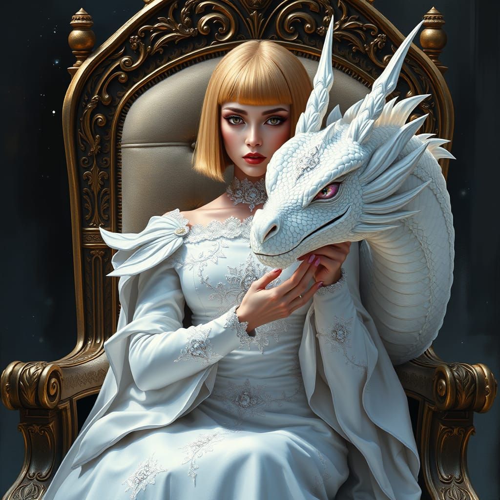 Regal Woman Poses with White Dragon in Ethereal, Watercolor-...