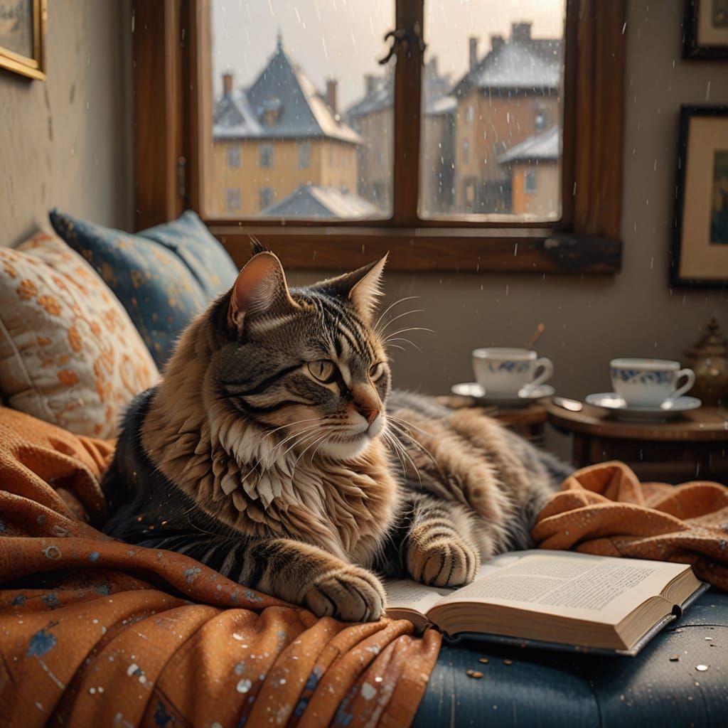 Serene Cat Nap on Sofa in Impressionist Style