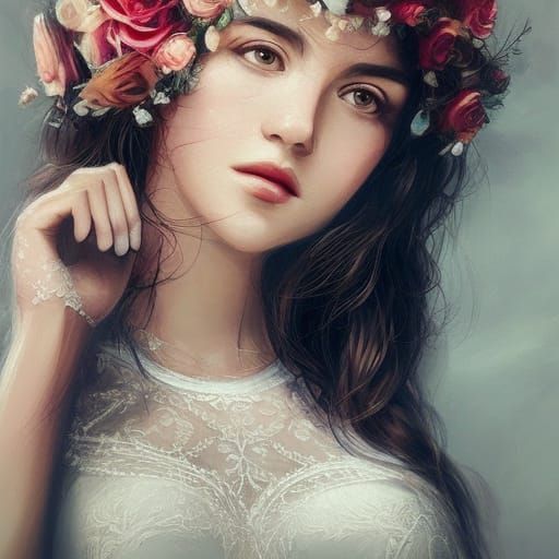 Woman in Lace Dress Portrait, Detailed Digital Art