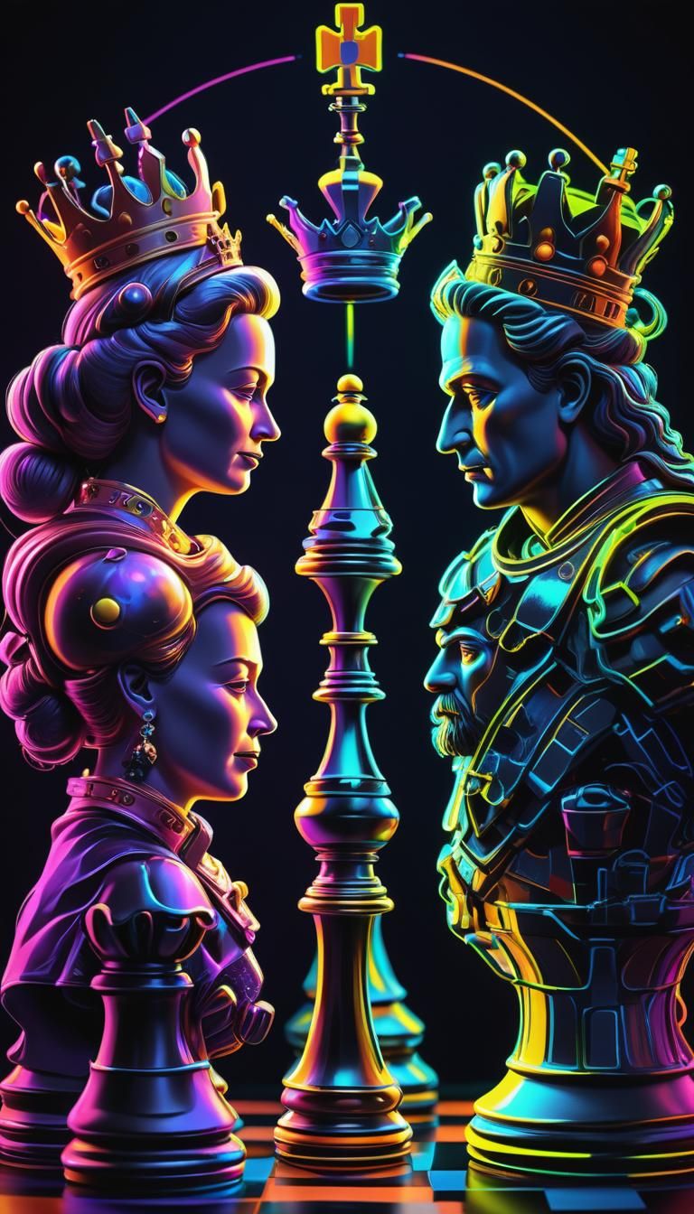 A futuristic chess board game between the Queen and King facing one another,Blacklight painting with a black background....