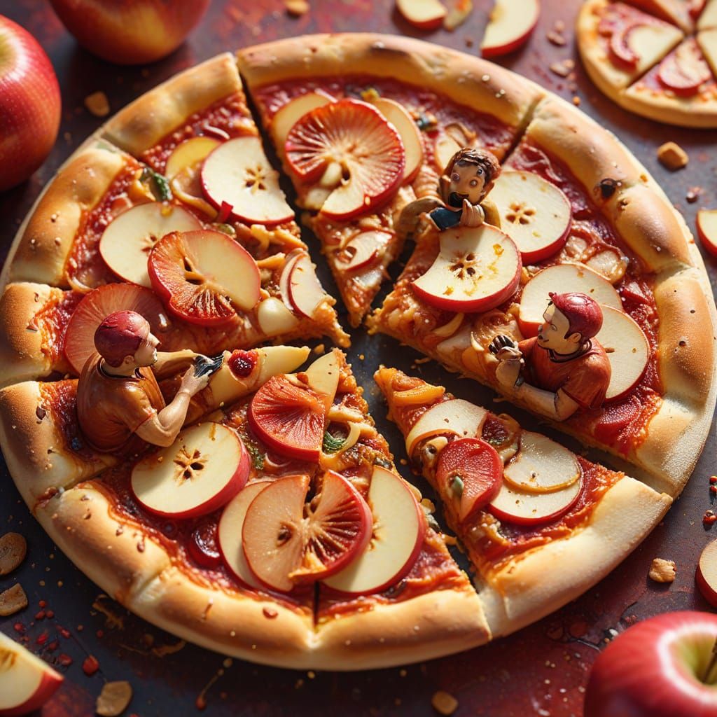 Miniature Men Enjoying Pizza Inside Apple
